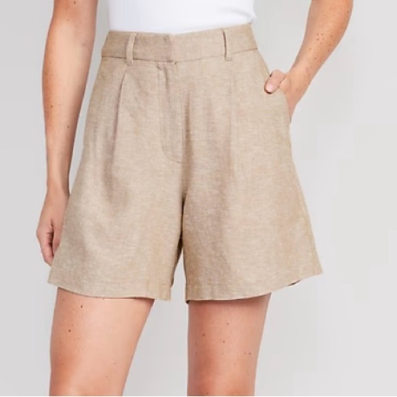 Tan High Waisted Linen Blend Shorts - Picture 1 of 5